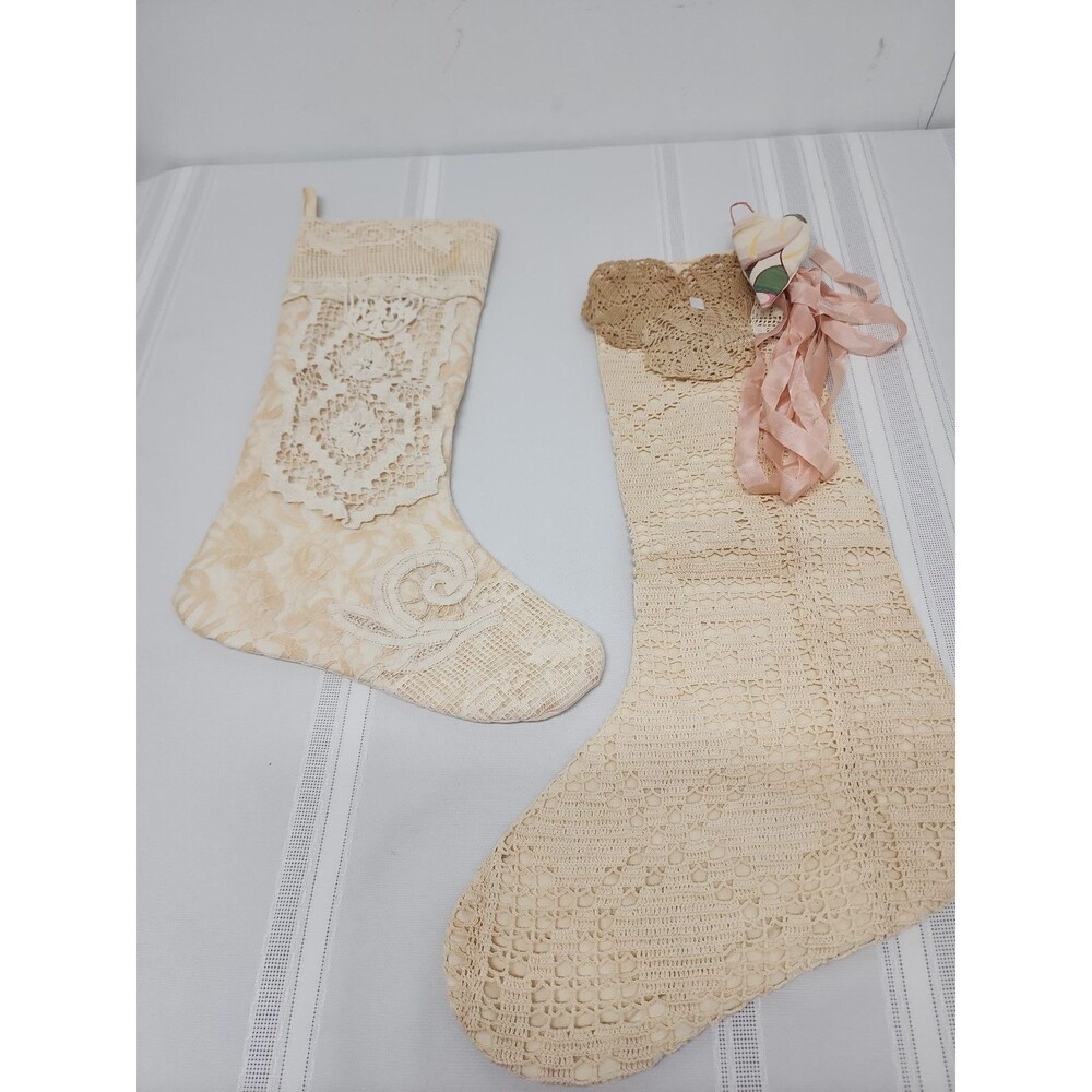Vintage Handmade Ivory Lace Victorian Christmas Stockings Set Of 2 Grannycore